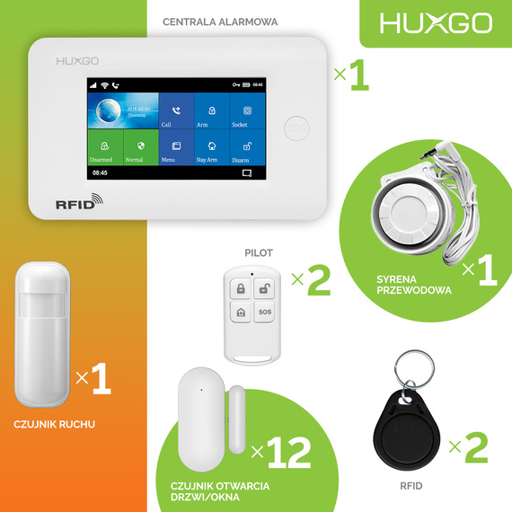 Alarm bezprzewodowy WiFi + GSM 4G - zestaw alarmowy HUXGO z aplikacją TUYA - HXA006 4G W D12 PS z syreną przewodową