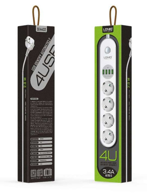 Przedłużacz SE4432, listwa zasilająca 2500W na 4 gniazda + 4x USB