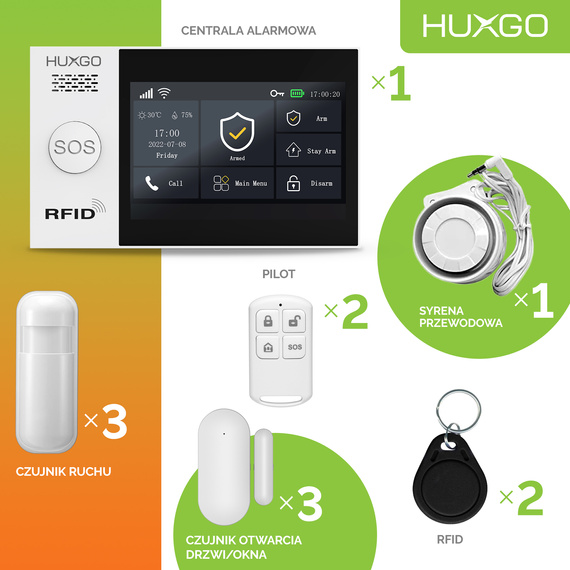 Alarm bezprzewodowy WiFi + GSM 4G - zestaw alarmowy HUXGO z aplikacją TUYA - HXA007 4G B R3D3 PS z syreną przewodową