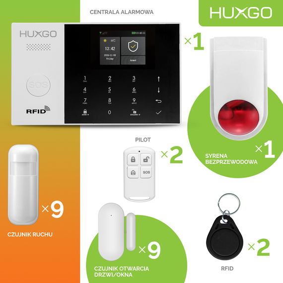 Alarm bezprzewodowy WiFi + GSM 4G - zestaw alarmowy HUXGO z aplikacją TUYA - HXA005 4G B R9D9 BS z syreną bezprzewodową