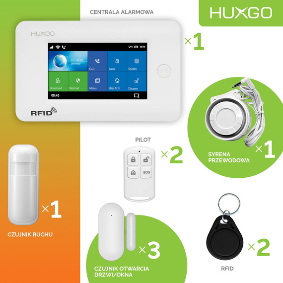 Alarm bezprzewodowy WiFi + GSM 4G - zestaw alarmowy HUXGO z aplikacją TUYA - HXA006 4G W D3 PS z syreną przewodową