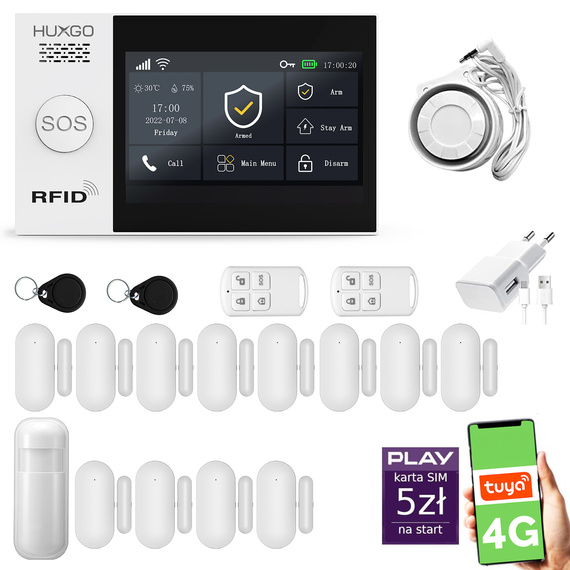Alarm bezprzewodowy WiFi + GSM 4G - zestaw alarmowy HUXGO z aplikacją TUYA - HXA007 4G B D12 PS z syreną przewodową