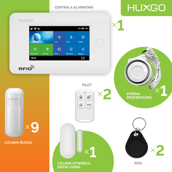 Alarm bezprzewodowy WiFi + GSM 4G - zestaw alarmowy HUXGO z aplikacją TUYA - HXA006 4G W R9 PS z syreną przewodową