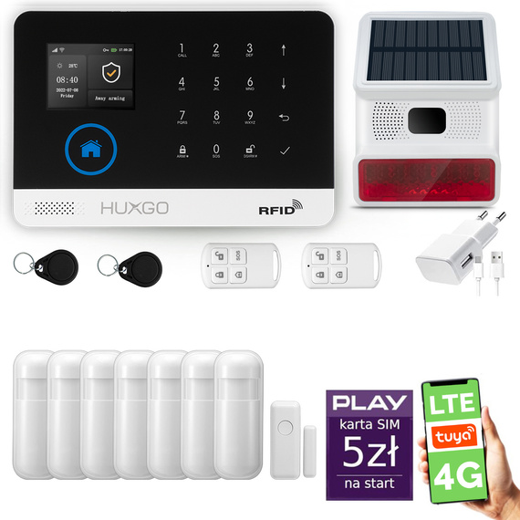 Alarm bezprzewodowy WiFi + GSM 4G LTE - zestaw alarmowy HUXGO z aplikacją TUYA - HXA003 4G B R7 BS z syreną bezprzewodową