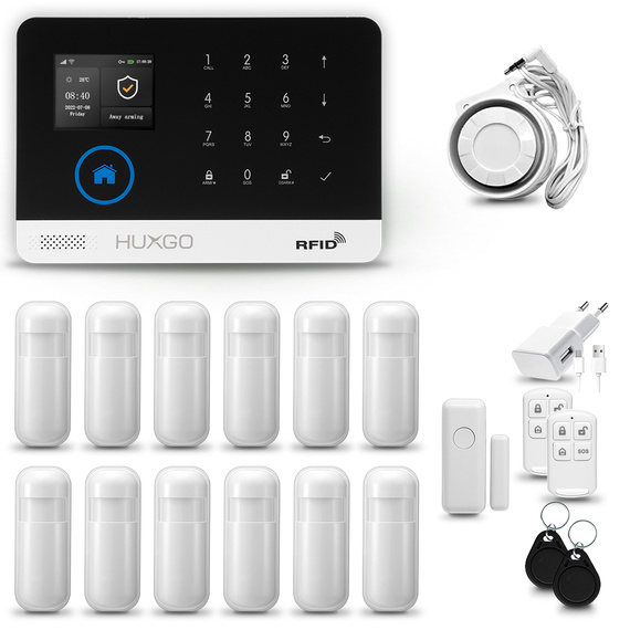 Alarm bezprzewodowy WiFi + GSM 4G - zestaw alarmowy HUXGO z aplikacją TUYA - HXA003 4G B R12 PS z syreną przewodową