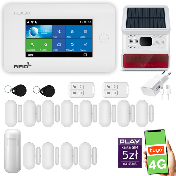 Alarm bezprzewodowy WiFi + GSM 4G - zestaw alarmowy HUXGO z aplikacją TUYA - HXA006 4G W D12 BS z syreną bezprzewodową