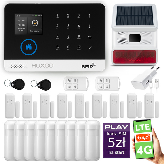 Alarm bezprzewodowy WiFi + GSM 4G LTE - zestaw alarmowy HUXGO z aplikacją TUYA - HXA003 4G B R9D9 BS z syreną bezprzewodową