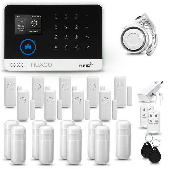 Alarm bezprzewodowy WiFi + GSM 4G - zestaw alarmowy HUXGO z aplikacją TUYA - HXA003 4G B R9D9 PS z syreną przewodową