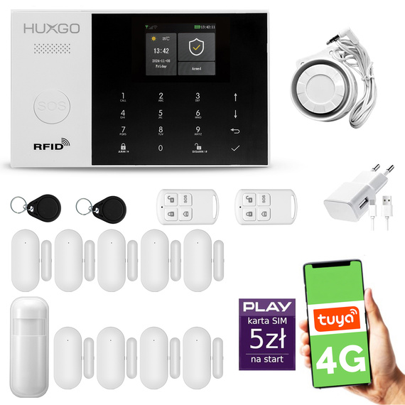 Alarm bezprzewodowy WiFi + GSM 4G - zestaw alarmowy HUXGO z aplikacją TUYA - HXA005 4G B D9 PS z syreną przewodową