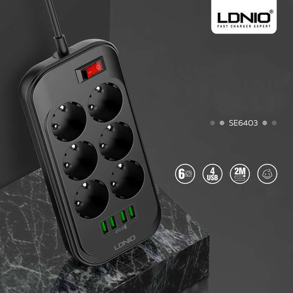 Przedłużasz, listwa zasilająca 2500W na 6 gniazd + 4x USB