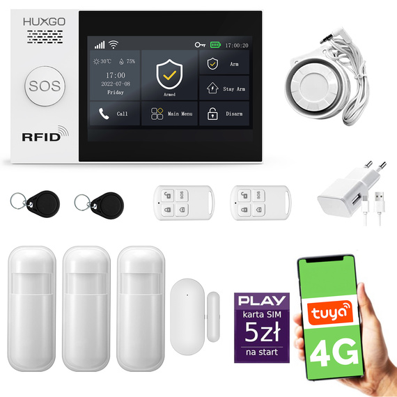 Alarm bezprzewodowy WiFi + GSM 4G - zestaw alarmowy HUXGO z aplikacją TUYA - HXA007 4G B R3 PS z syreną przewodową