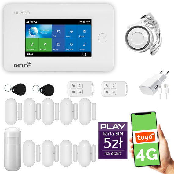 Alarm bezprzewodowy WiFi + GSM 4G - zestaw alarmowy HUXGO z aplikacją TUYA - HXA006 4G W D9 PS z syreną przewodową