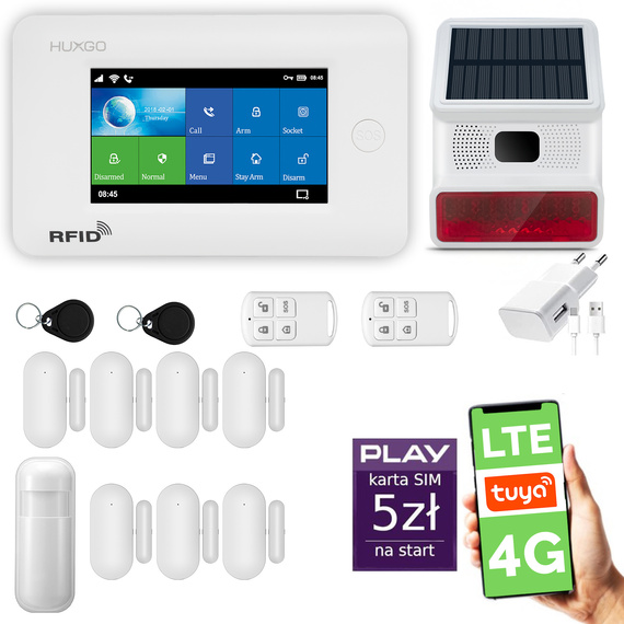 Alarm bezprzewodowy WiFi + GSM 4G LTE - zestaw alarmowy HUXGO z aplikacją TUYA - HXA006 4G W D7 BS z syreną bezprzewodową