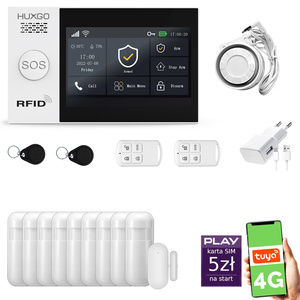 Alarm bezprzewodowy WiFi + GSM 4G - zestaw alarmowy HUXGO z aplikacją TUYA - HXA007 4G B R9 PS z syreną przewodową