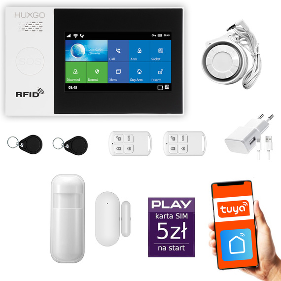 Bezprzewodowy alarm GSM + WiFi - system alarmowy HUXGO z aplikacją TUYA - zestaw alarmowy HXA007 2G B R1 PS z syreną przewodową