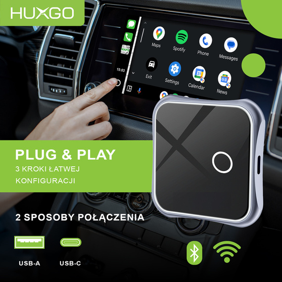 HUXGO, bezprzewodowy adapter samochodowy 2w1, kompatybilny z CarPlay i Android Auto BY963A