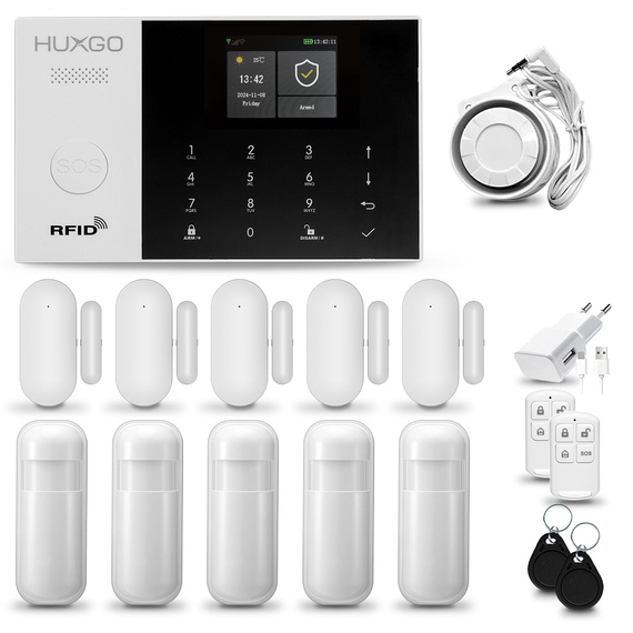 Alarm bezprzewodowy WiFi + GSM 4G - zestaw alarmowy HUXGO z aplikacją TUYA - HXA005 4G B R5D5 PS z syreną przewodową