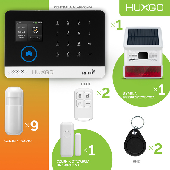 Bezprzewodowy alarm GSM +WiFi - system alarmowy HUXGO z aplikacją TUYA - zestaw alarmowy HXA003 2G B R9 BS z syreną bezprzewodową