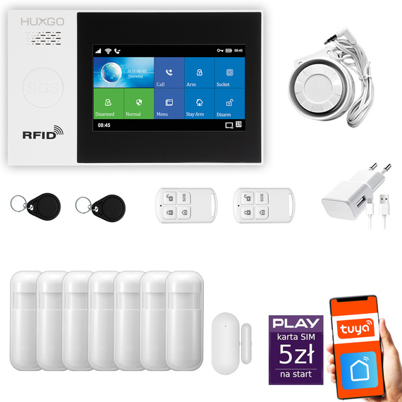Bezprzewodowy alarm GSM + WiFi - system alarmowy HUXGO z aplikacją TUYA - zestaw alarmowy HXA007 2G B R7 PS z syreną przewodową