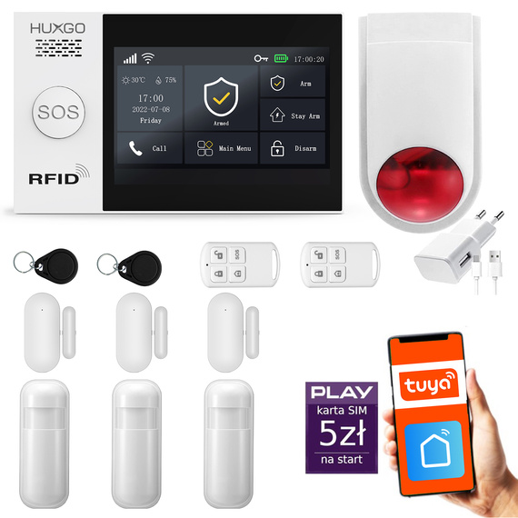 Bezprzewodowy alarm GSM + WiFi - system alarmowy HUXGO z aplikacją TUYA - zestaw alarmowy HXA007 2G B R3D3 BS z syreną bezprzewodową