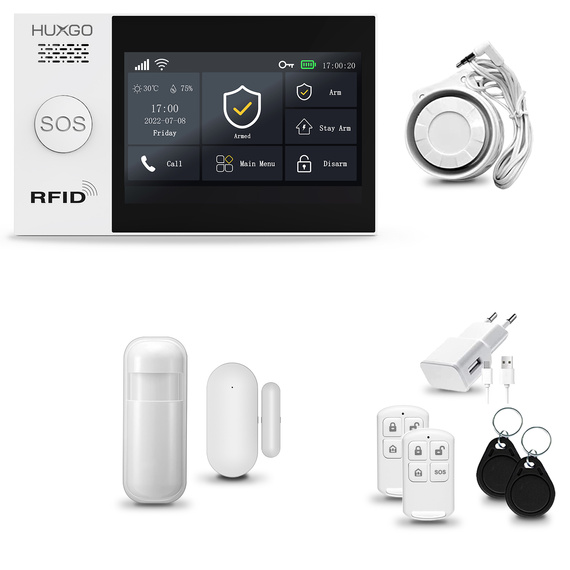 Alarm bezprzewodowy WiFi + GSM 4G LTE - zestaw alarmowy HUXGO z aplikacją TUYA - HXA007 4G B R1 PS z syreną przewodową