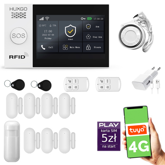 Alarm bezprzewodowy WiFi + GSM 4G - zestaw alarmowy HUXGO z aplikacją TUYA - HXA007 4G B D7 PS z syreną przewodową