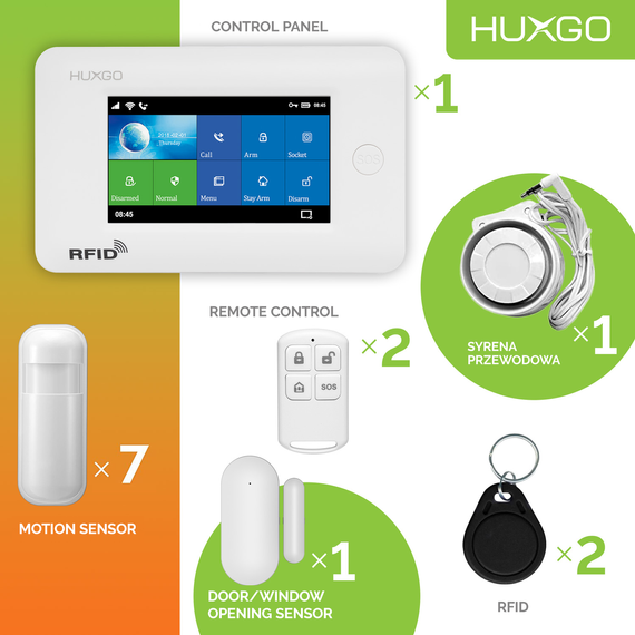 Bezprzewodowy alarm GSM + WiFi - system alarmowy HUXGO z aplikacją TUYA - zestaw alarmowy HXA006 2G W R7 PS z syreną przewodową