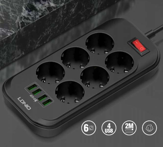 Przedłużasz, listwa zasilająca 2500W na 6 gniazd + 4x USB