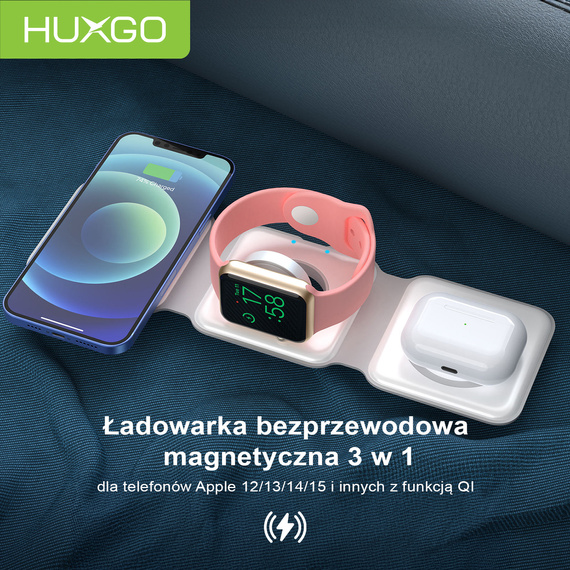 HUXGO, kompaktowa bezprzewodowa ładowarka indukcyjna, składana 3 w 1, biała BY-MF82_W