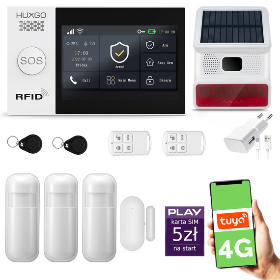 Alarm bezprzewodowy WiFi + GSM 4G - zestaw alarmowy HUXGO z aplikacją TUYA - HXA007 4G B R3 BS z syreną bezprzewodową