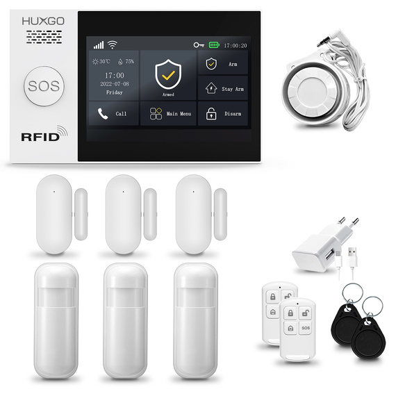 Alarm bezprzewodowy WiFi + GSM 4G LTE - zestaw alarmowy HUXGO z aplikacją TUYA - HXA007 4G B R3D3 PS z syreną przewodową