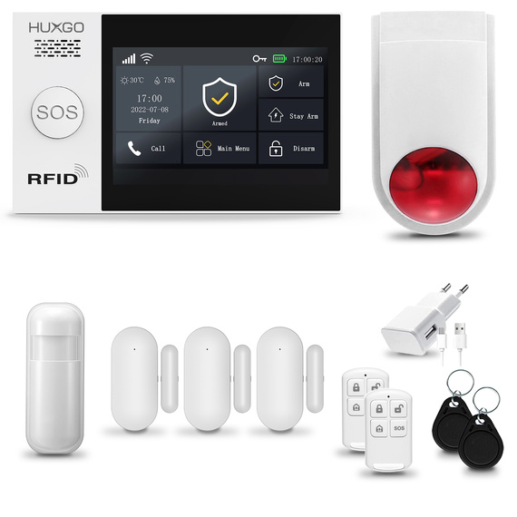 Bezprzewodowy alarm GSM + WiFi - system alarmowy HUXGO z aplikacją TUYA - zestaw alarmowy HXA007 2G B D3 BS z syreną bezprzewodową