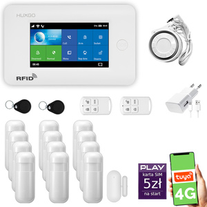 Alarm bezprzewodowy WiFi + GSM 4G - zestaw alarmowy HUXGO z aplikacją TUYA - HXA006 4G W R12 PS z syreną przewodową