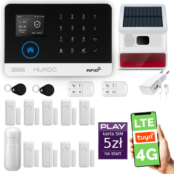 Alarm bezprzewodowy WiFi + GSM 4G LTE - zestaw alarmowy HUXGO z aplikacją TUYA - HXA003 4G B D9 BS z syreną bezprzewodową