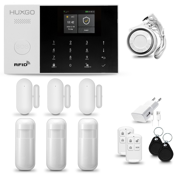 Alarm bezprzewodowy WiFi + GSM 4G - zestaw alarmowy HUXGO z aplikacją TUYA - HXA005 4G B R3D3 PS z syreną przewodową