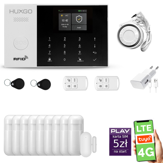 Alarm bezprzewodowy WiFi + GSM 4G - zestaw alarmowy HUXGO z aplikacją TUYA - HXA005 4G B R9 PS z syreną przewodową