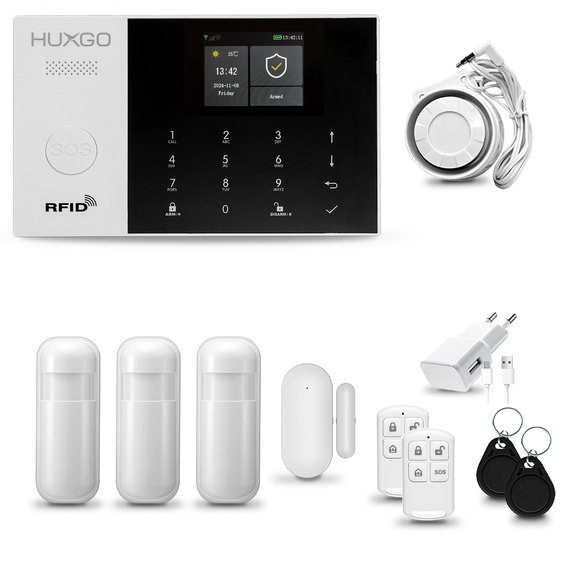 Alarm bezprzewodowy WiFi + GSM 4G - zestaw alarmowy HUXGO z aplikacją TUYA - HXA005 4G B R3 PS z syreną przewodową