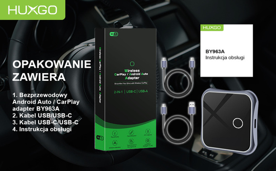 HUXGO, bezprzewodowy adapter samochodowy 2w1, kompatybilny z CarPlay i Android Auto BY963A