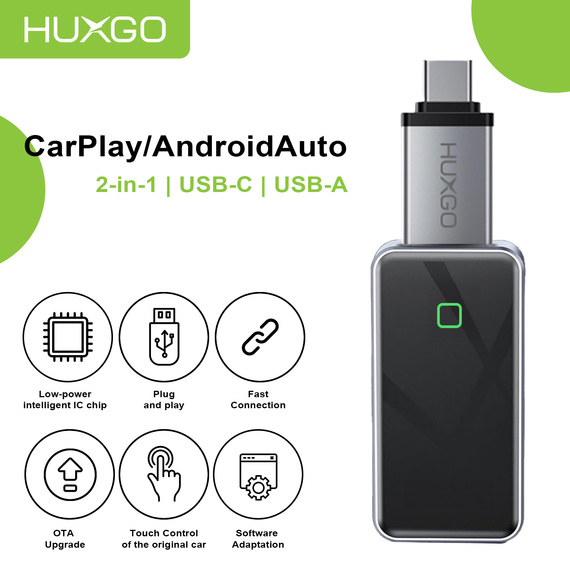 HUXGO, bezprzewodowy adapter samochodowy 2w1, kompatybilny z CarPlay i Android Auto BY967B