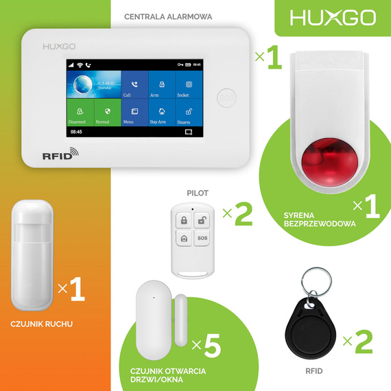 Alarm bezprzewodowy WiFi + GSM 4G - zestaw alarmowy HUXGO z aplikacją TUYA - HXA006 4G W D5 BS z syreną bezprzewodową