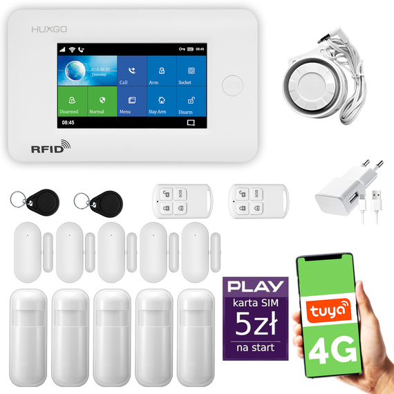 Alarm bezprzewodowy WiFi + GSM 4G - zestaw alarmowy HUXGO z aplikacją TUYA - HXA006 4G W R5D5 PS z syreną przewodową