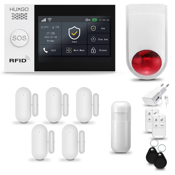 Bezprzewodowy alarm GSM + WiFi - system alarmowy HUXGO z aplikacją TUYA - zestaw alarmowy HXA007 2G B D5 BS z syreną bezprzewodową