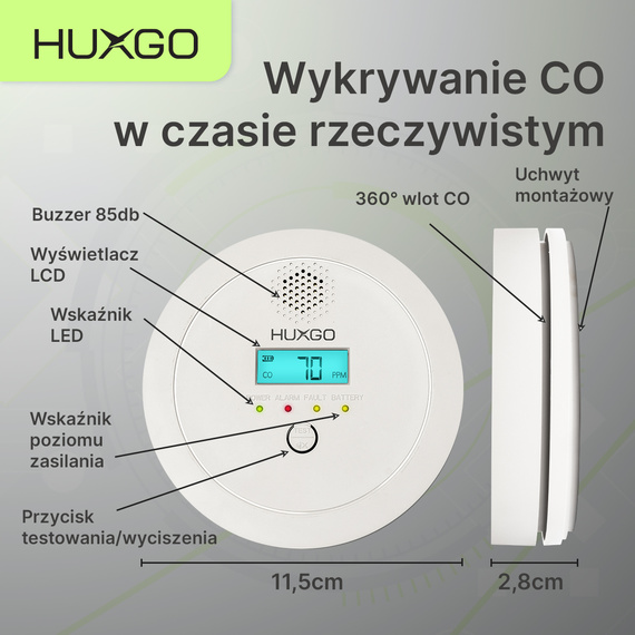 Czujnik czadu HUXGO HXAC03 - detektor tlenku węgla (CO)