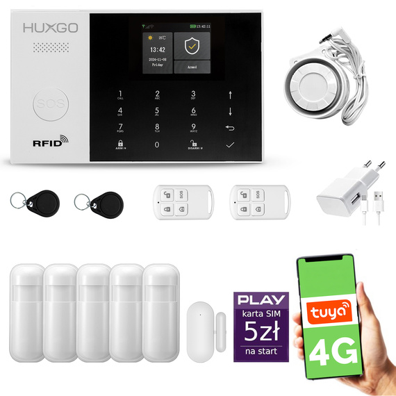 Alarm bezprzewodowy WiFi + GSM 4G - zestaw alarmowy HUXGO z aplikacją TUYA - HXA005 4G B R5 PS z syreną przewodową