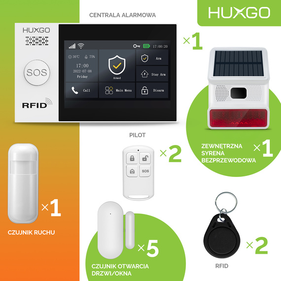 Alarm bezprzewodowy WiFi + GSM 4G LTE - zestaw alarmowy HUXGO z aplikacją TUYA - HXA007 4G B D5 BS z syreną bezprzewodową
