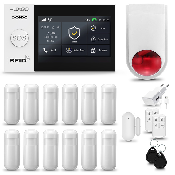 Bezprzewodowy alarm GSM + WiFi - system alarmowy HUXGO z aplikacją TUYA - zestaw alarmowy HXA007 2G B R12 BS z syreną bezprzewodową