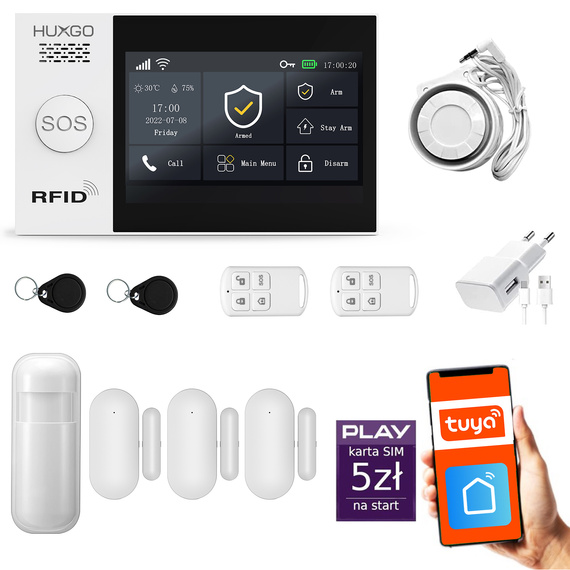 Bezprzewodowy alarm GSM + WiFi - system alarmowy HUXGO z aplikacją TUYA - zestaw alarmowy HXA007 2G B D3 PS z syreną przewodową