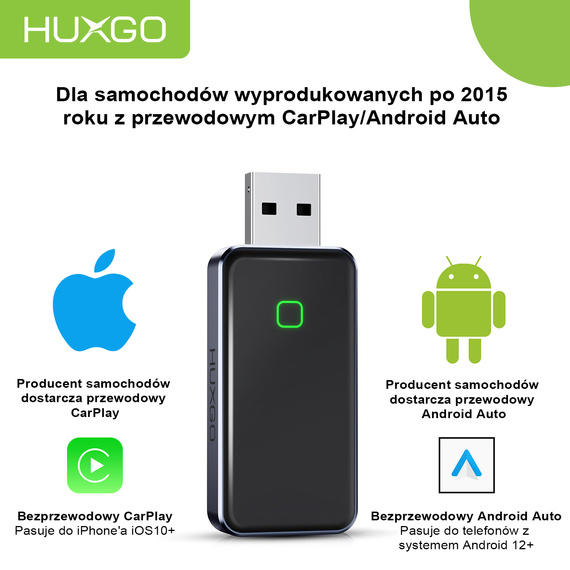 HUXGO, bezprzewodowy adapter samochodowy 2w1, kompatybilny z CarPlay i Android Auto BY967B