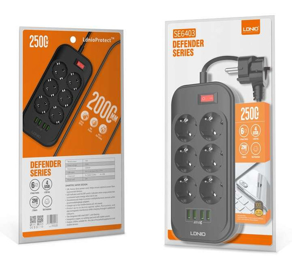 Przedłużasz, listwa zasilająca 2500W na 6 gniazd + 4x USB