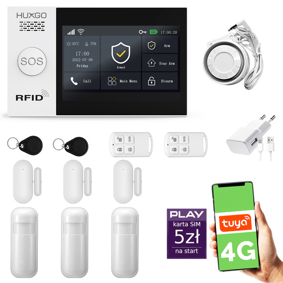 Alarm bezprzewodowy WiFi + GSM 4G - zestaw alarmowy HUXGO z aplikacją TUYA - HXA007 4G B R3D3 PS z syreną przewodową